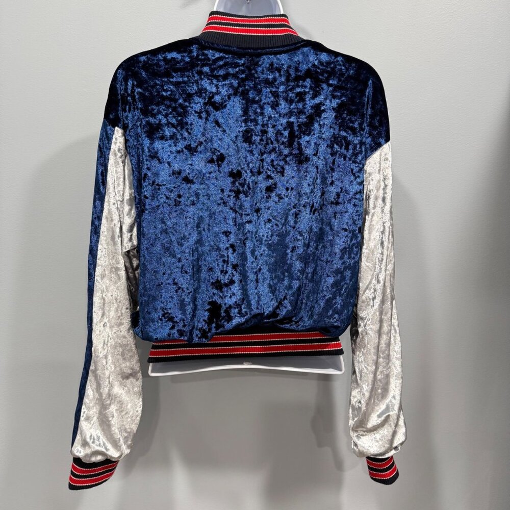 POL Crushed Velvet Colorblock Bomber Jacket Y2K Sporty Luxe Women S Blue Silver - Picture 4 of 11